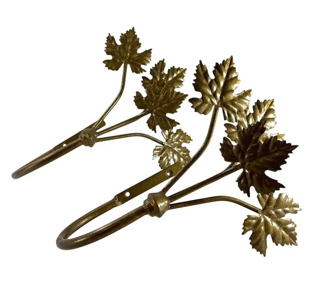 Vintage Brass Leaf Wall Hooks Pair Hollywood Regency Curtain Tiebacks Grapevine
